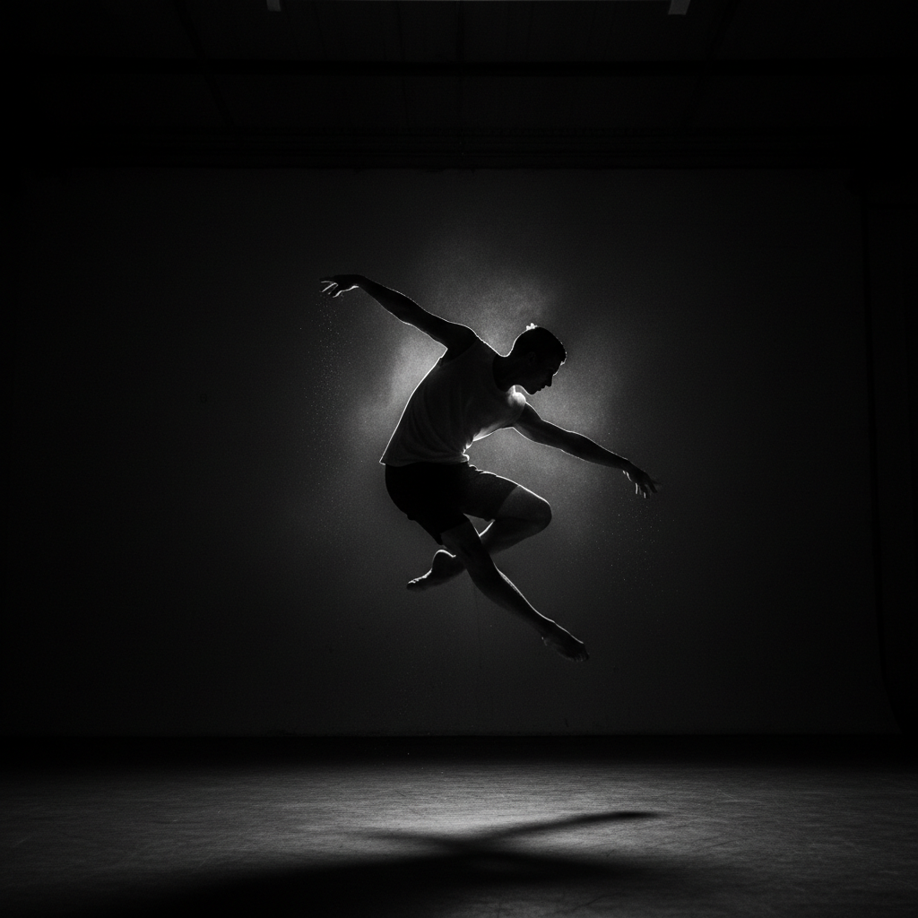 Dancer moving through a beam of light